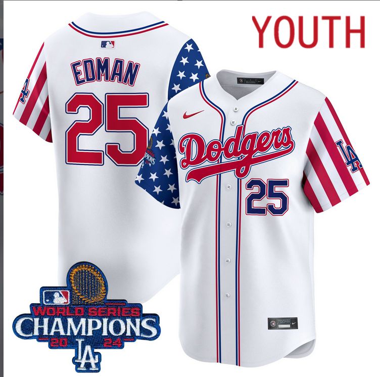 Youth MLB Los Angeles Dodgers #25 Edman American Style white 2024 World Series Champions  Limited Jersey